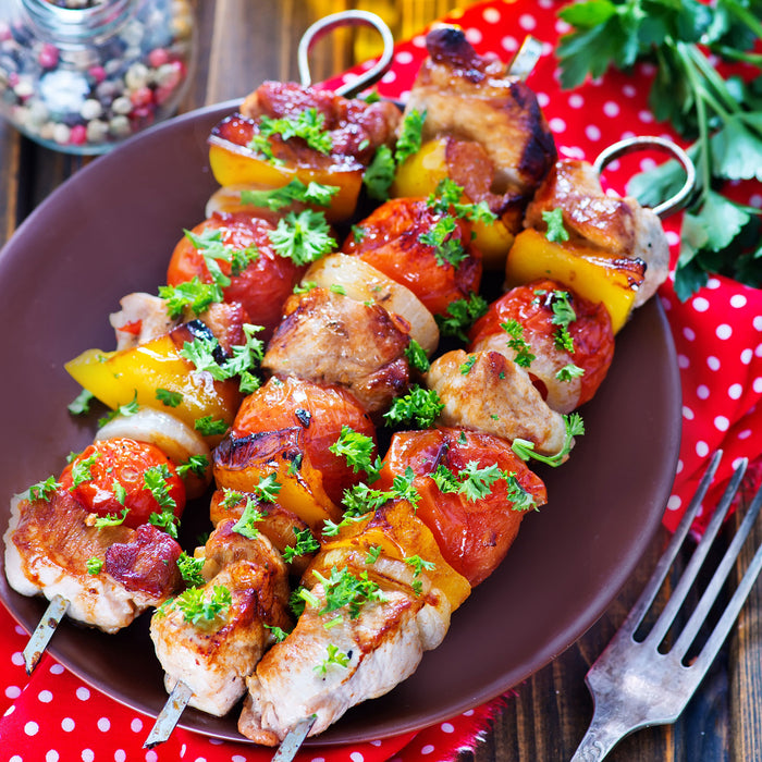 Köstlicher Schaschlyk Spieß, Glasbild Quadratisch