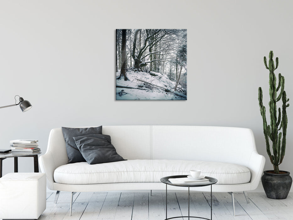 Wald mit Schnee bedeckt, Glasbild Quadratisch