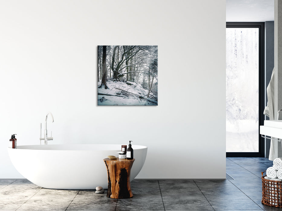 Wald mit Schnee bedeckt, Glasbild Quadratisch