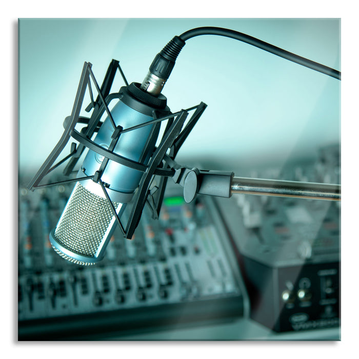 Mikrofon mit Musikanlagen, Glasbild Quadratisch