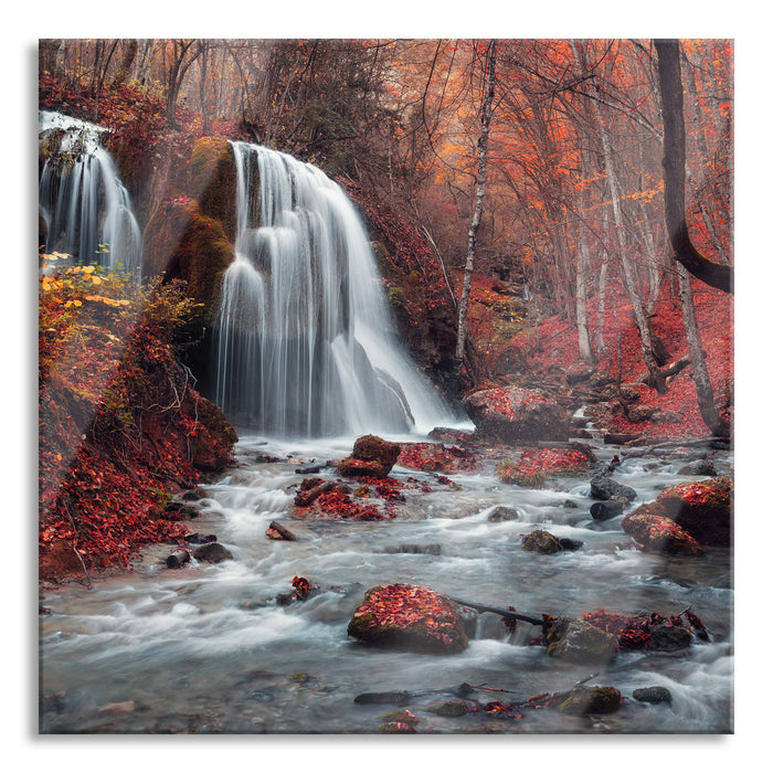 Pixxprint Wasserfall im Wald, Glasbild Quadratisch