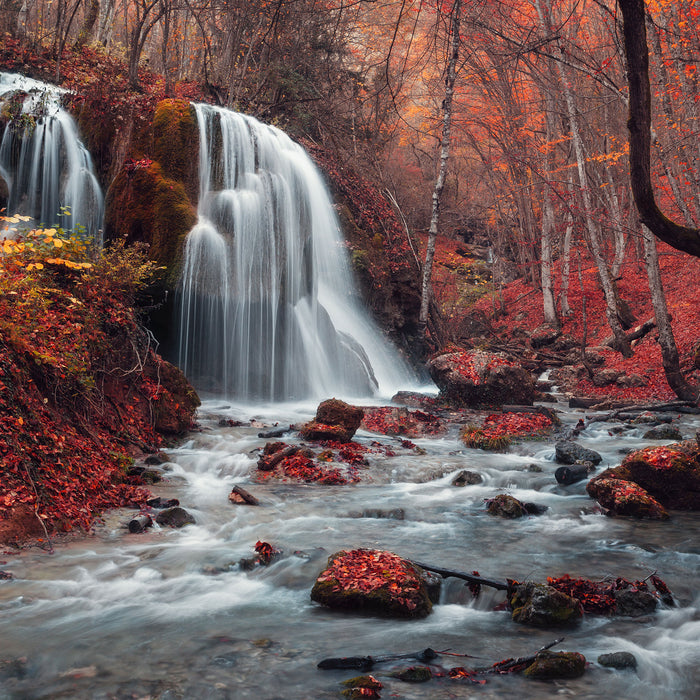 Wasserfall im Wald, Glasbild Quadratisch