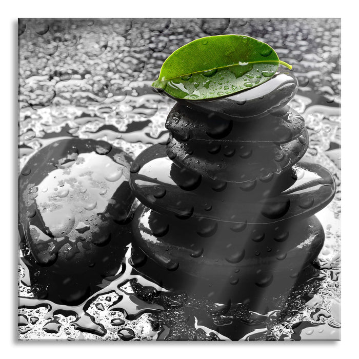 Pixxprint Zensteinturm im Regen, Glasbild Quadratisch