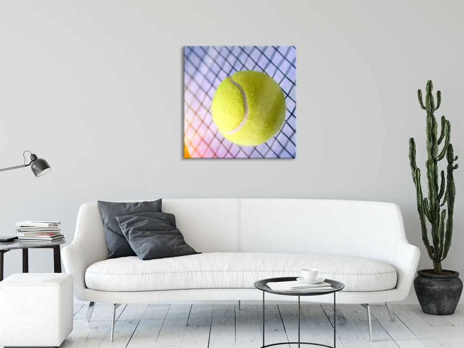 Tennisschläger Tennisball, Glasbild Quadratisch