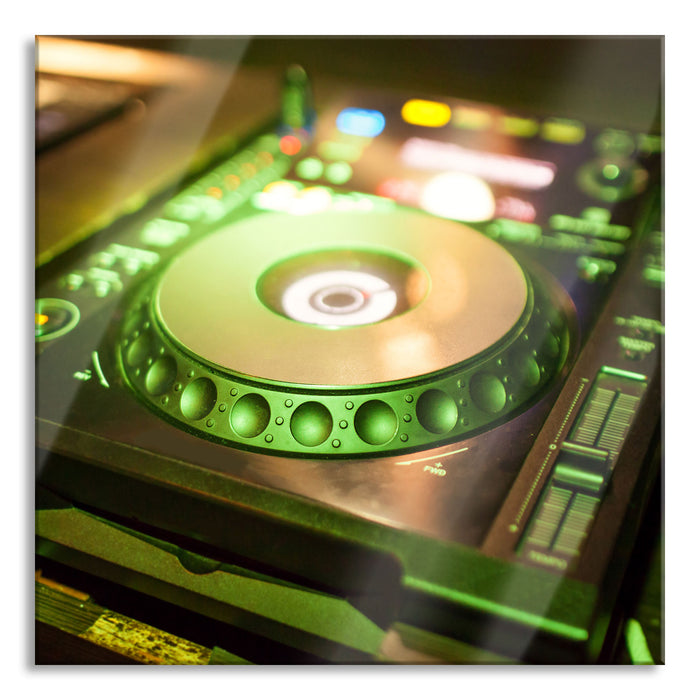 Grün beleuchteter DJ Pult, Glasbild Quadratisch