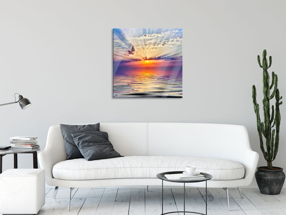 Sonnenaufgang im Meer, Glasbild Quadratisch