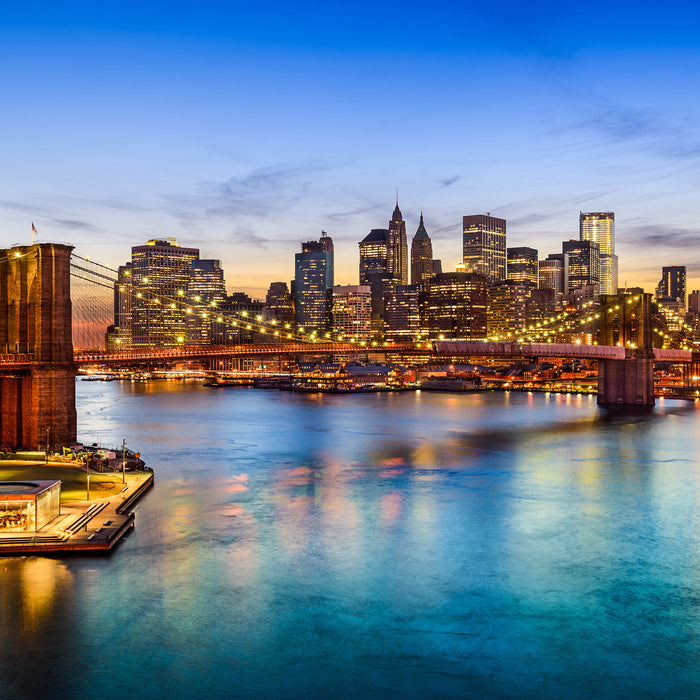 Blick auf Brooklyn Bridge, Glasbild Quadratisch