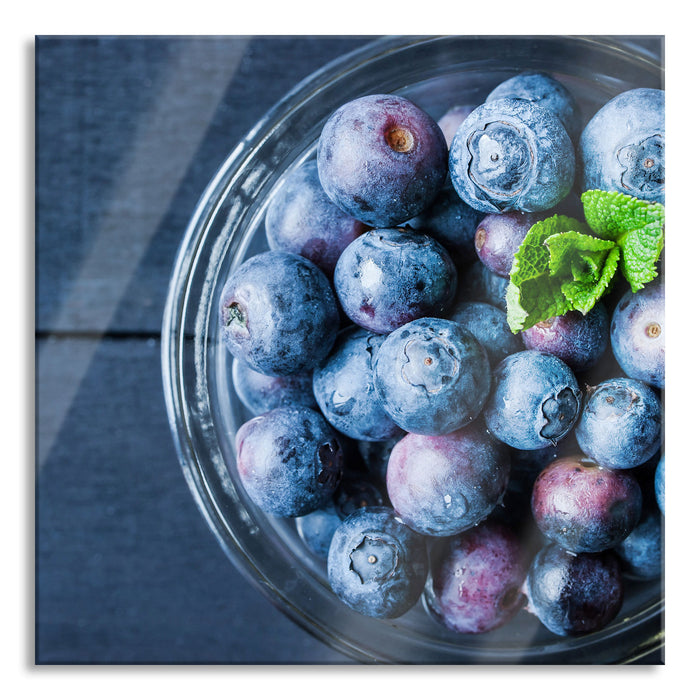 Pixxprint Glas mit frischen Blaubeeren, Glasbild Quadratisch