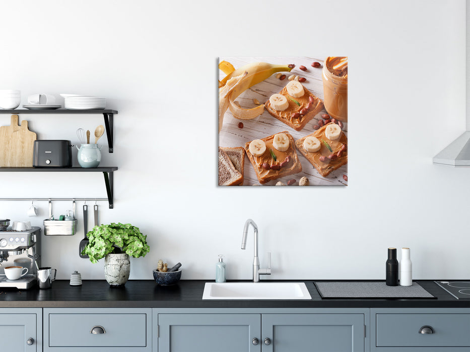 Erdnussbutter Bananen Sandwich, Glasbild Quadratisch