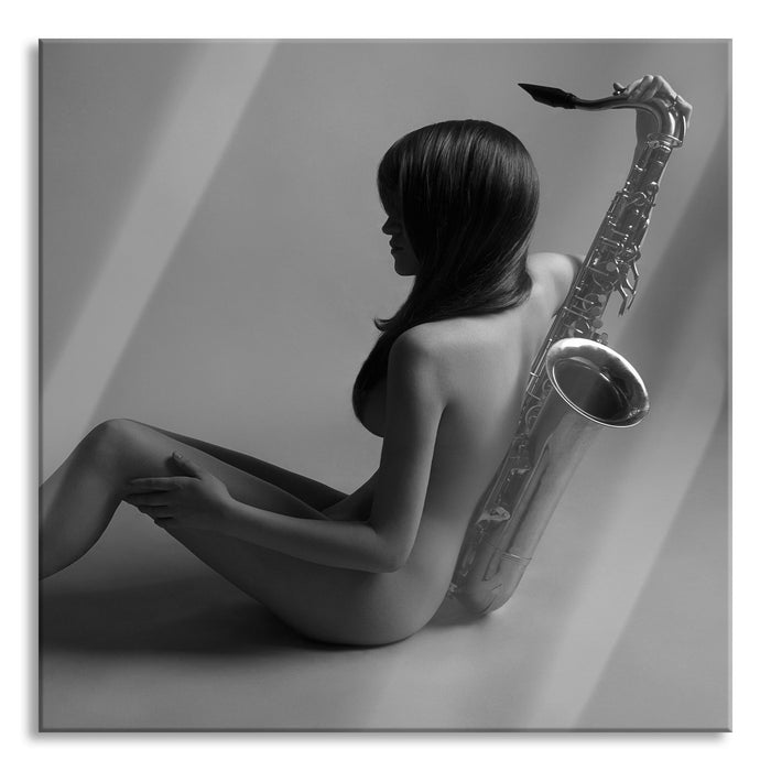 Pixxprint Attraktive Frau mit Saxophone, Glasbild Quadratisch