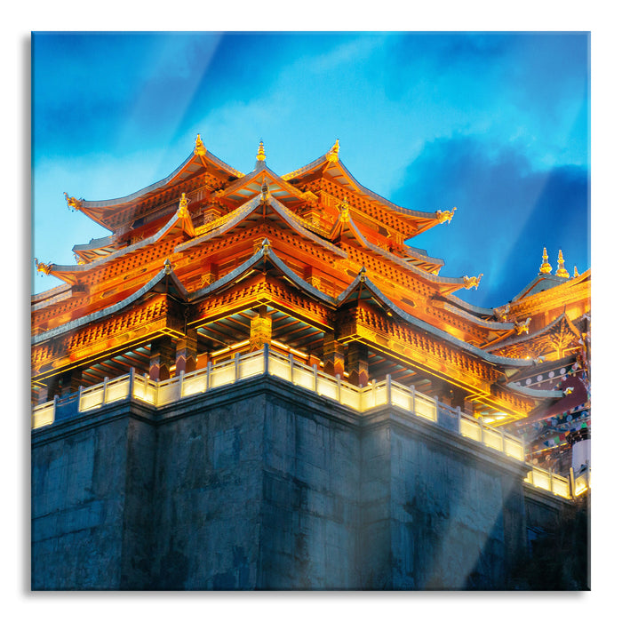 Pixxprint Leuchtender Tempel in China, Glasbild Quadratisch