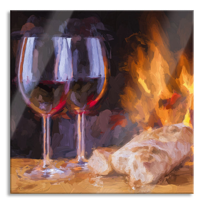 Pixxprint Wein und Baguette am Kamin, Glasbild Quadratisch