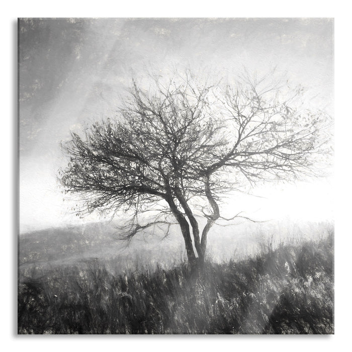 Pixxprint Baum in Landschaft, Glasbild Quadratisch