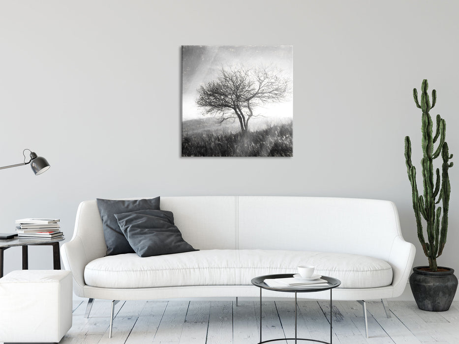 Baum in Landschaft, Glasbild Quadratisch