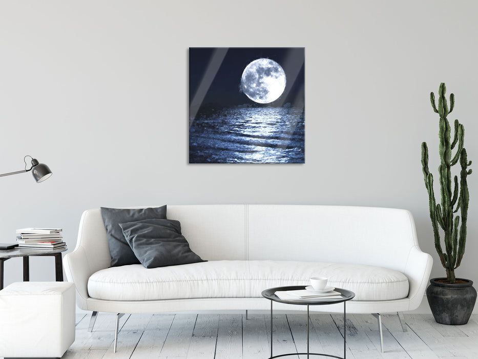 aufgehender Mond über Wasser, Glasbild Quadratisch