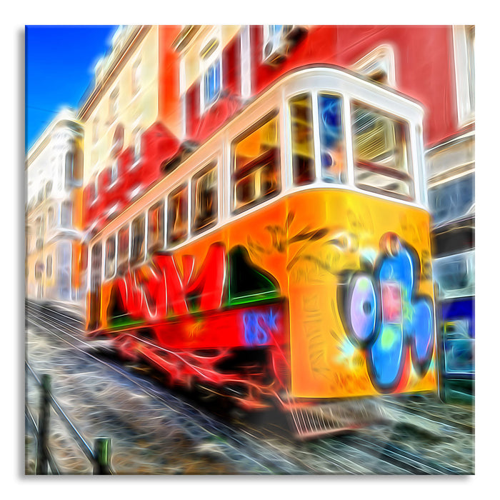 Pixxprint Straßenbahn in Portugal, Glasbild Quadratisch