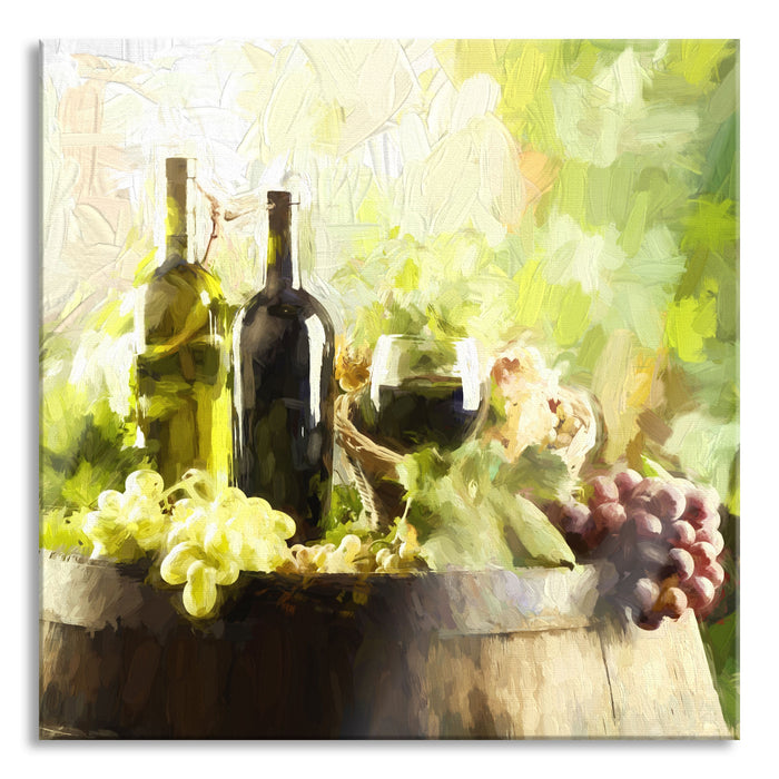 Pixxprint Wein mit Weintrauben auf Fass, Glasbild Quadratisch