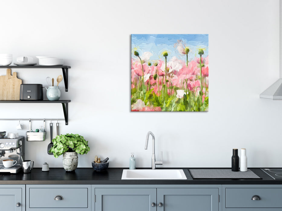 Blumenwiese Mohnblumen, Glasbild Quadratisch