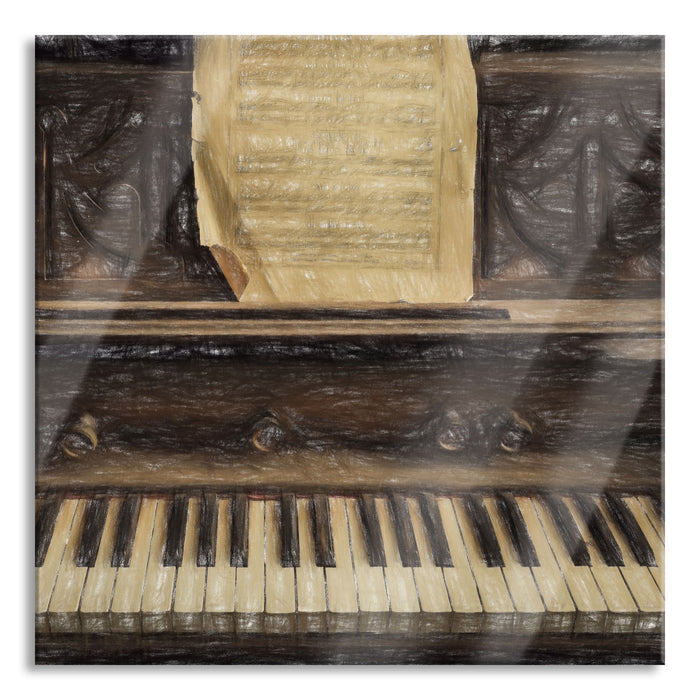 Klavier mit Notenblatt, Glasbild Quadratisch