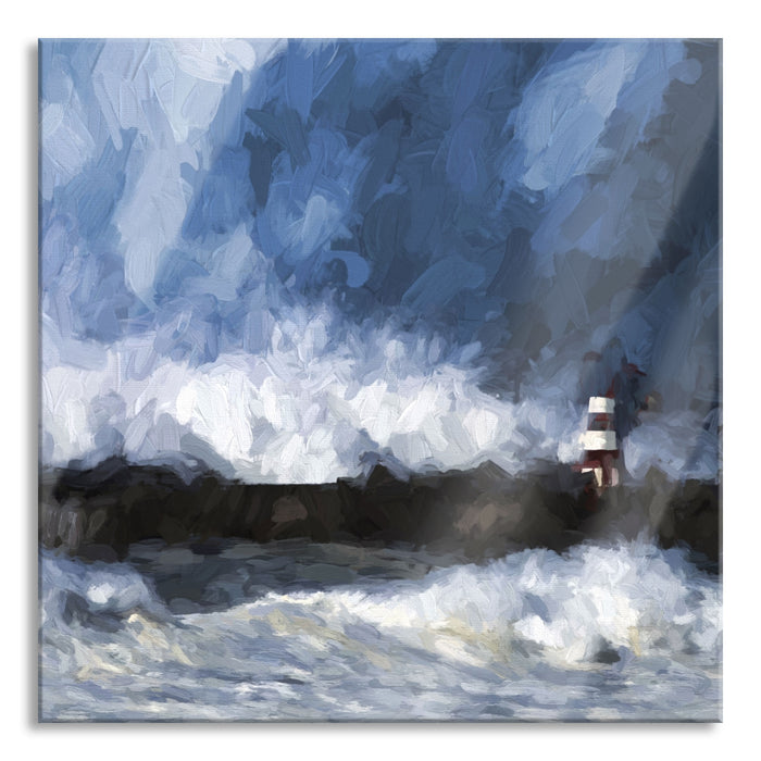 Pixxprint Tobendes Meer mit Leuchtturm, Glasbild Quadratisch