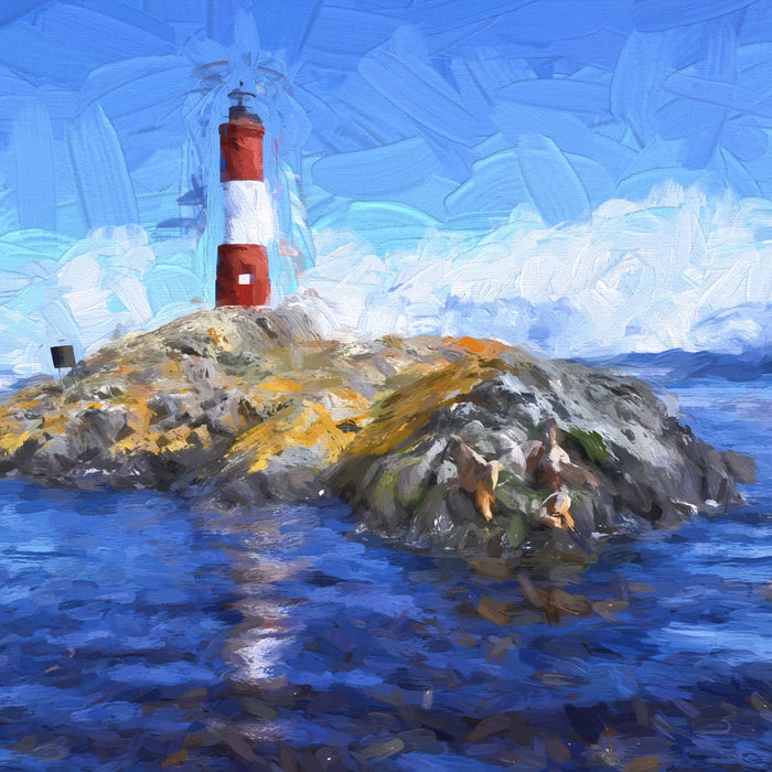 Leuchtturm mit Robben, Glasbild Quadratisch
