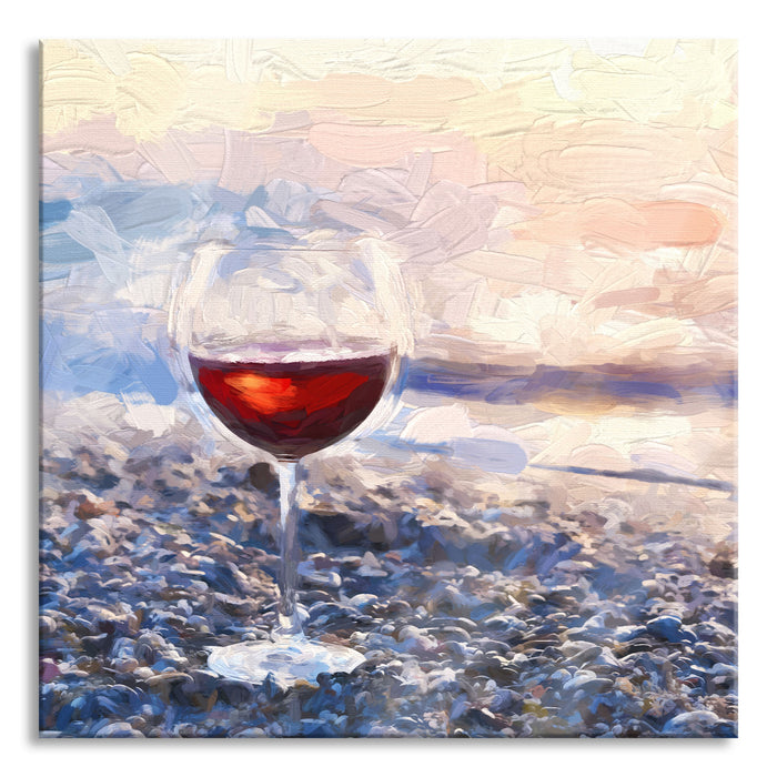 Pixxprint Weinglas am Strand, Glasbild Quadratisch