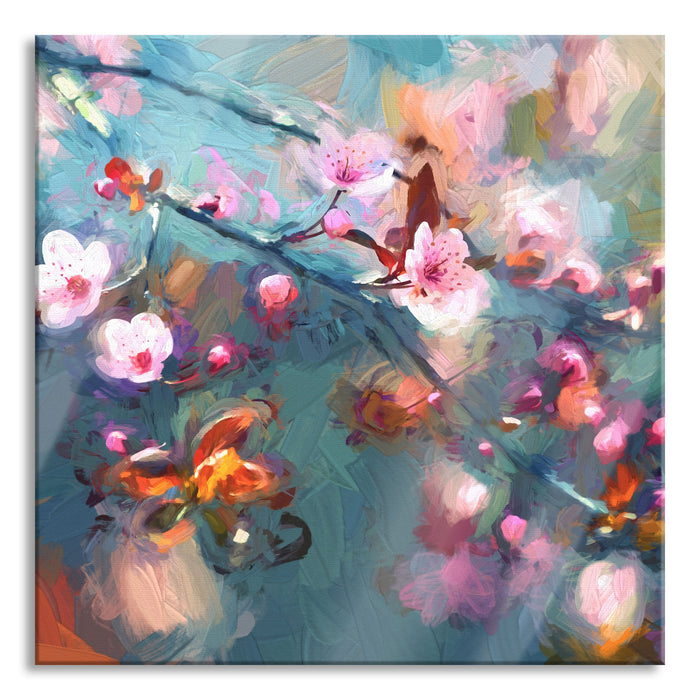 Pixxprint Exotische Sakura Blüten, Glasbild Quadratisch