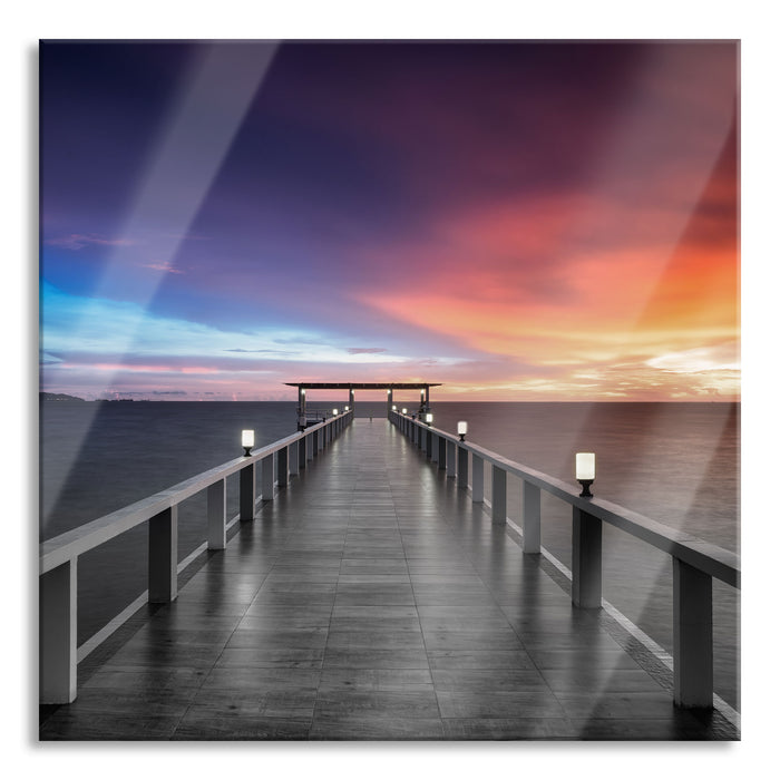 Pixxprint Moderner Holzsteg ins Meer, Glasbild Quadratisch