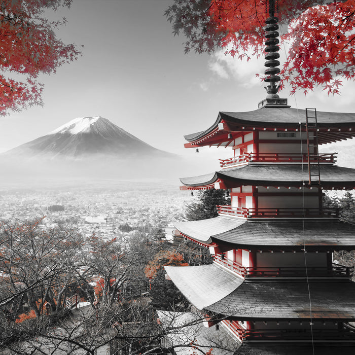 Japanischer Tempel im Herbst, Glasbild Quadratisch