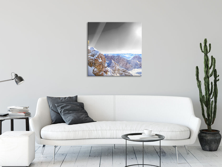 Zugspitze im Sonnenlicht, Glasbild Quadratisch