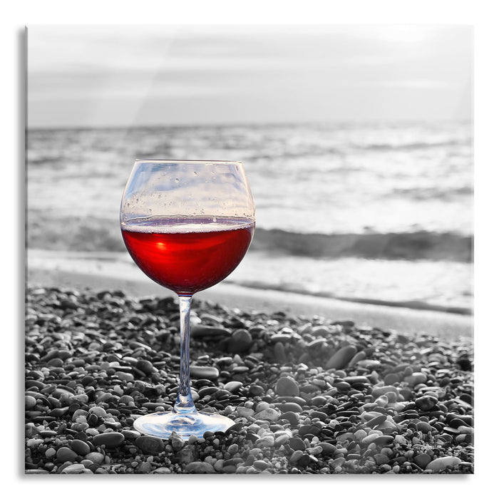 Pixxprint Weinglas am Strand, Glasbild Quadratisch