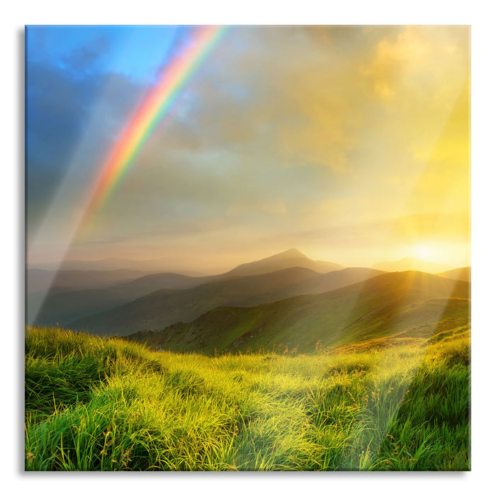 Pixxprint Berge mit Regenbogen am Himmel, Glasbild Quadratisch