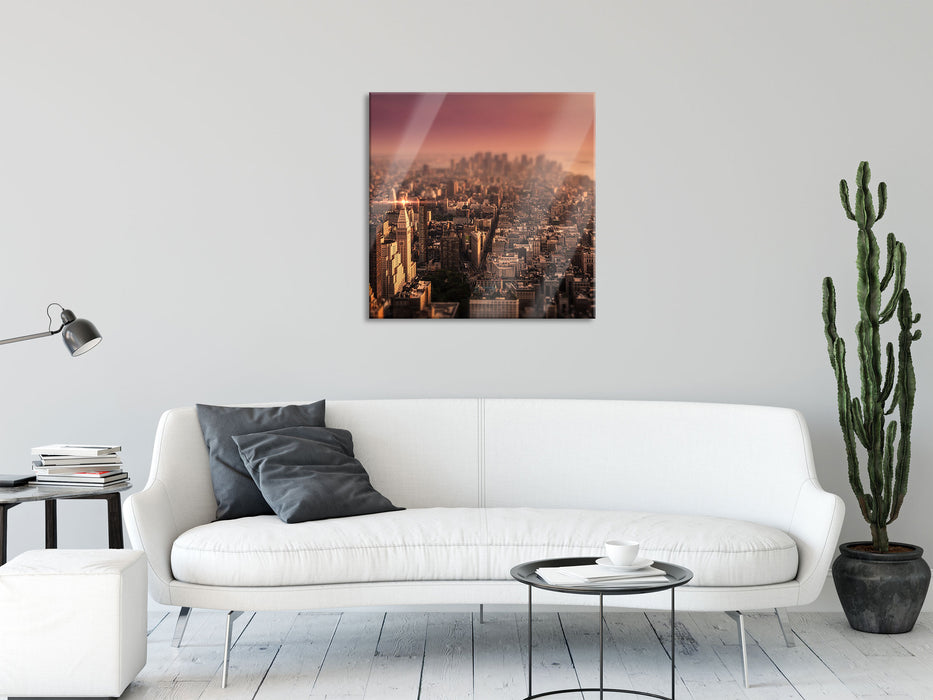 New York City bei Sonnenuntergang, Glasbild Quadratisch