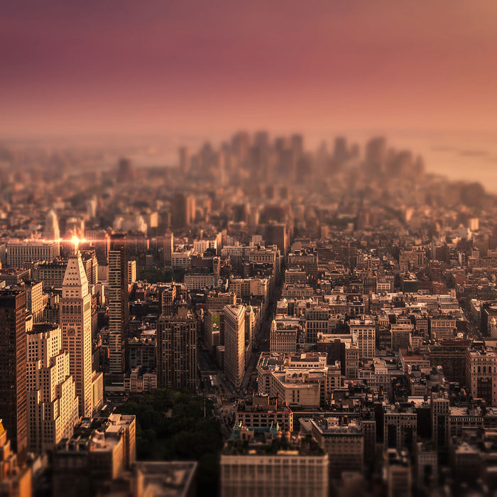 New York City bei Sonnenuntergang, Glasbild Quadratisch