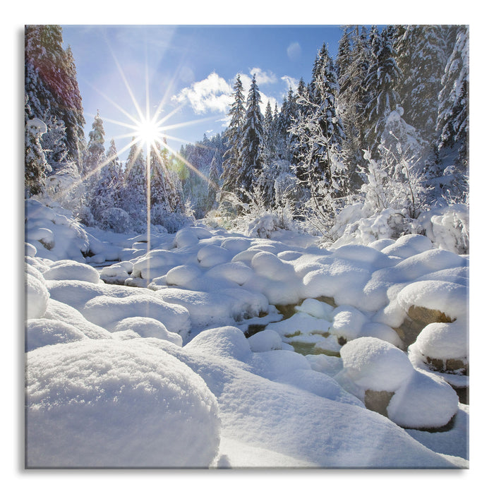 Pixxprint Sonnenstrahlen im Wald, Glasbild Quadratisch