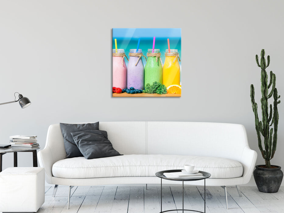 Smoothies in verschiedenen Farben, Glasbild Quadratisch