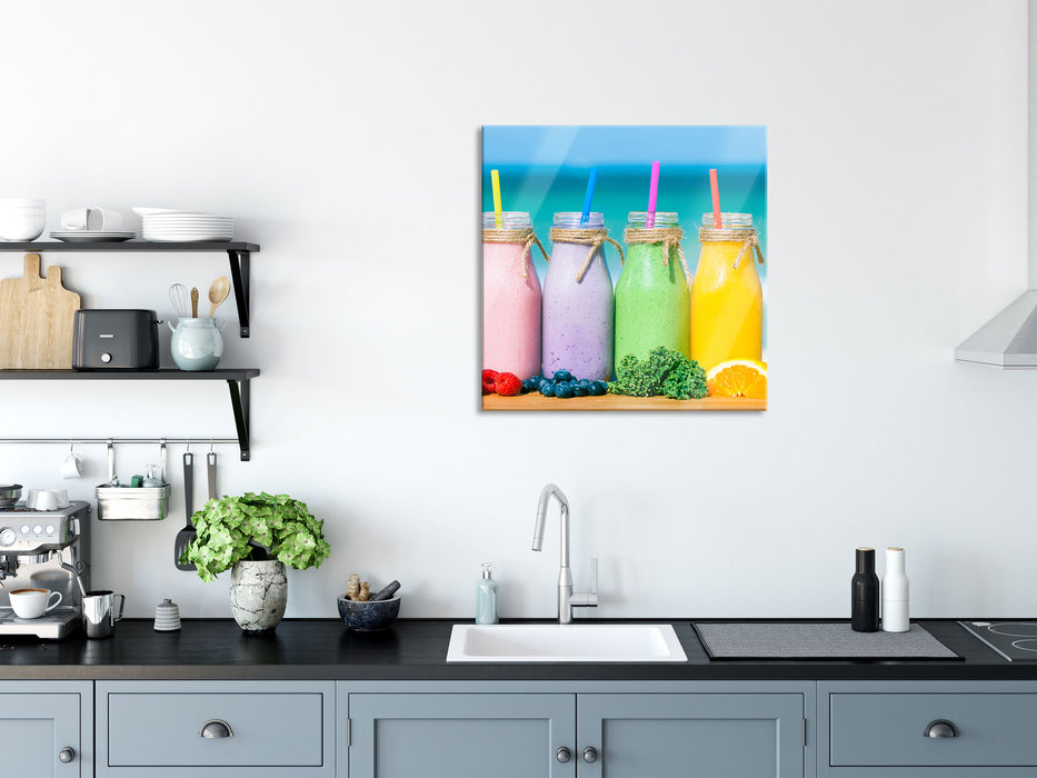 Smoothies in verschiedenen Farben, Glasbild Quadratisch
