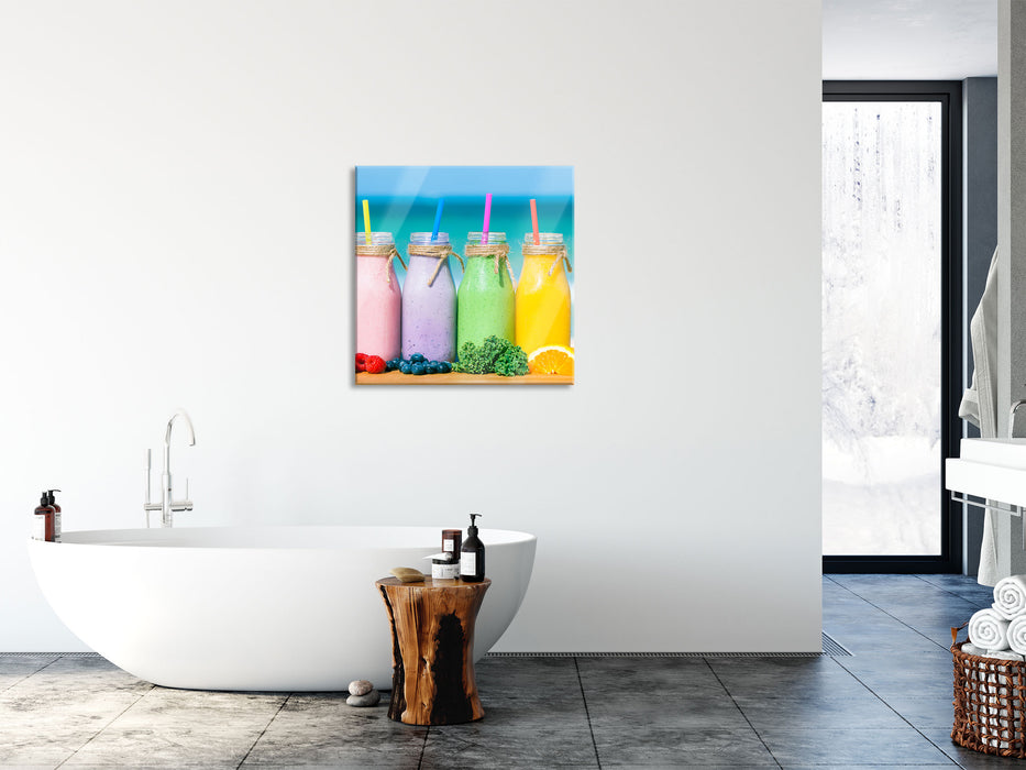 Smoothies in verschiedenen Farben, Glasbild Quadratisch