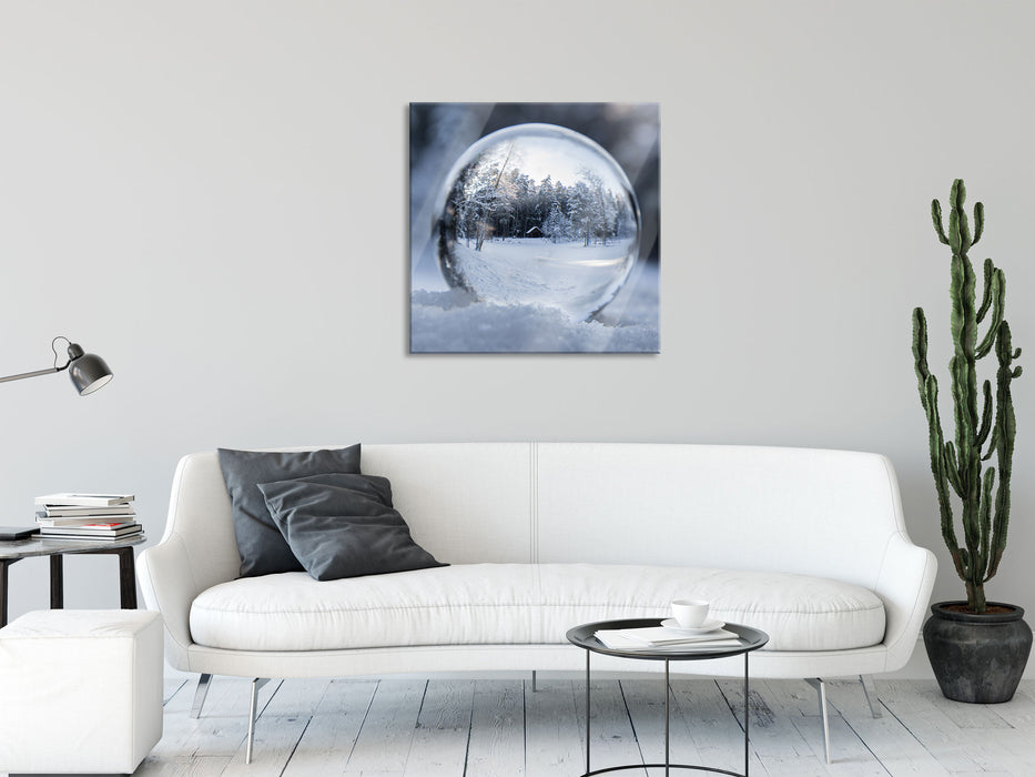 Eiskugel Winterlandschaft, Glasbild Quadratisch