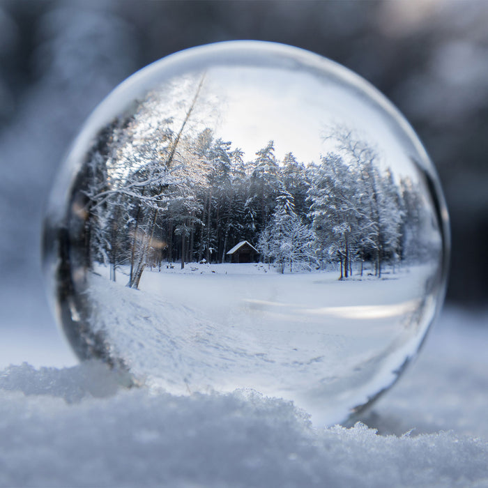 Eiskugel Winterlandschaft, Glasbild Quadratisch