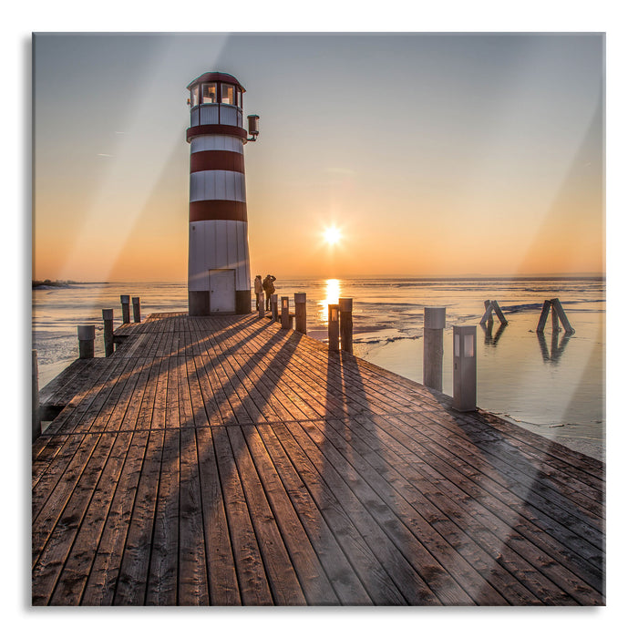 Pixxprint Leuchtturm im Sonnenuntergang, Glasbild Quadratisch