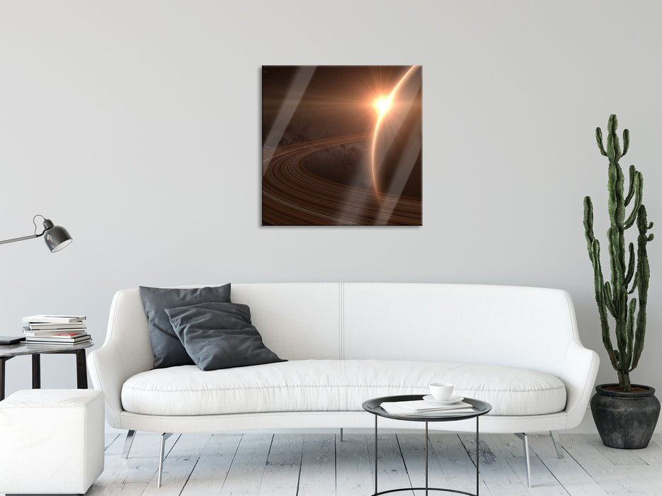 Planet Saturn im Weltall, Glasbild Quadratisch