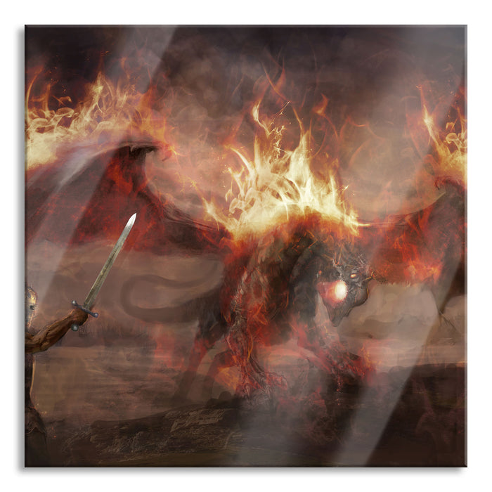 Pixxprint Ritter Drachen Feuer, Glasbild Quadratisch