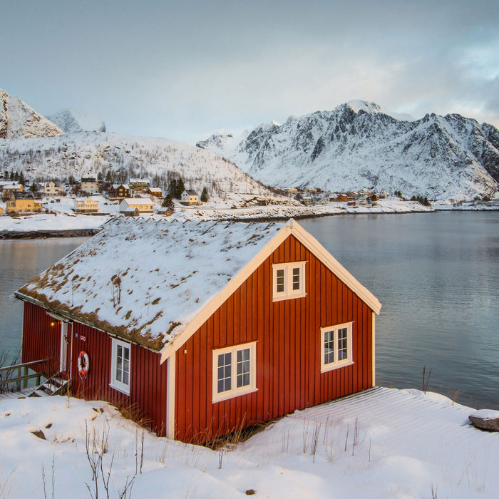 Fischerhaus Lofoten, Glasbild Quadratisch