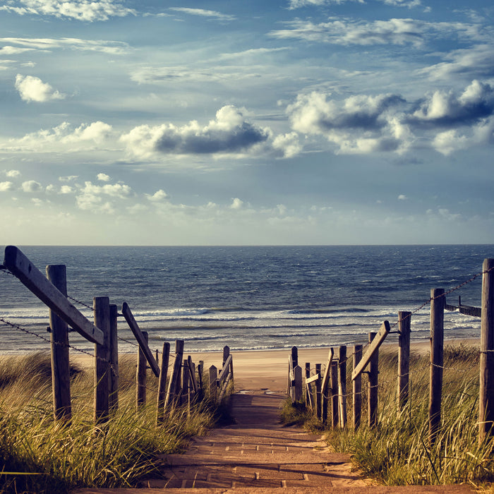 Weg zum Strand am Meer, Glasbild Quadratisch