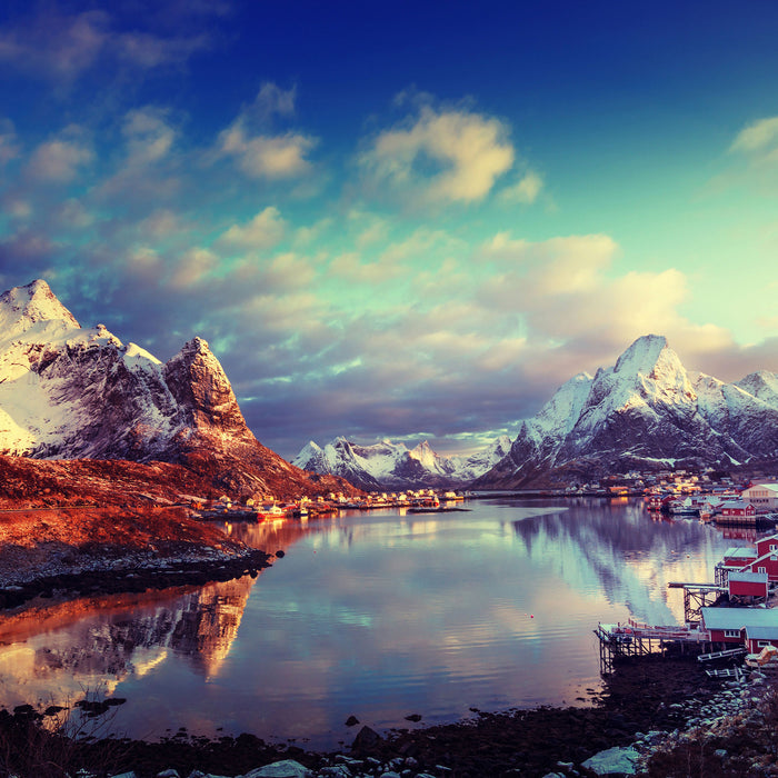 Schneelandschaft in Norwegen, Glasbild Quadratisch