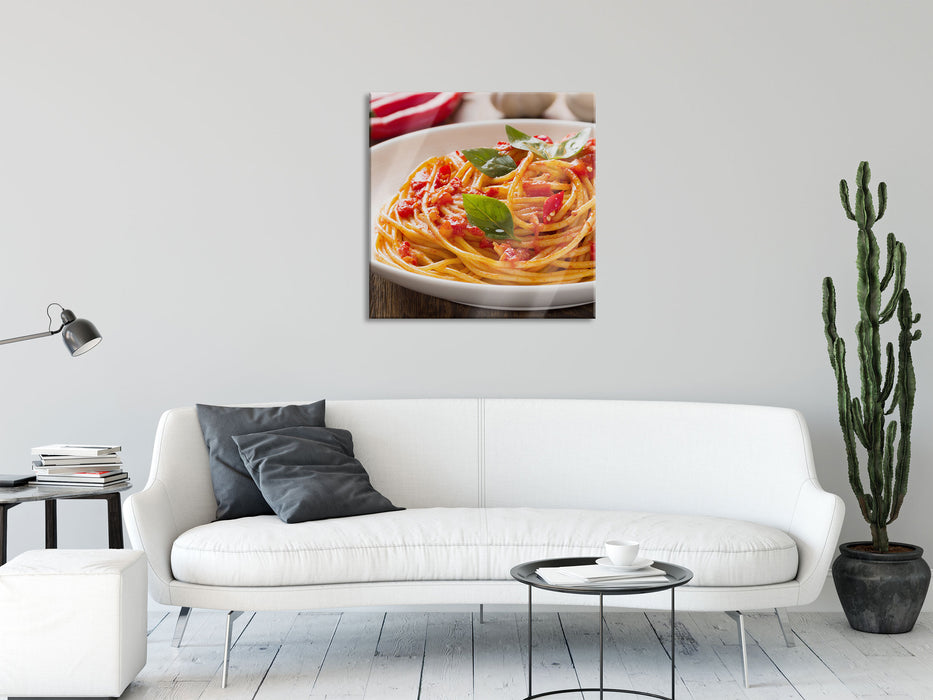 Rustikale italienische Spaghetti, Glasbild Quadratisch