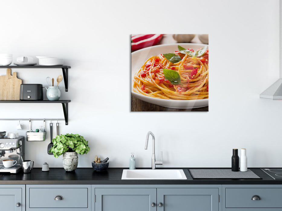 Rustikale italienische Spaghetti, Glasbild Quadratisch