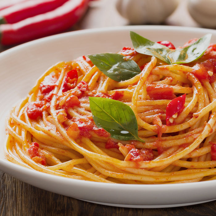 Rustikale italienische Spaghetti, Glasbild Quadratisch