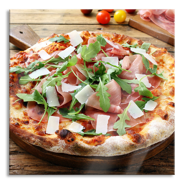 Pixxprint Prosciutto Pizza auf Holztisch, Glasbild Quadratisch